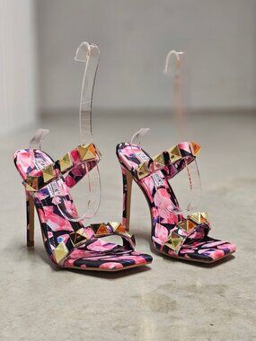 Pink & Gold Studded High Heel Sandals With Floral Pattern Open Toe Stiletto Heel